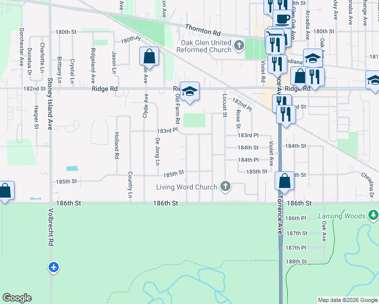 map of restaurants, bars, coffee shops, grocery stores, and more near 18410 Old Farm Road in Lansing