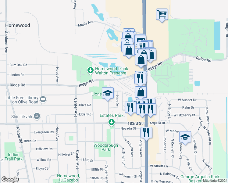 map of restaurants, bars, coffee shops, grocery stores, and more near in Homewood