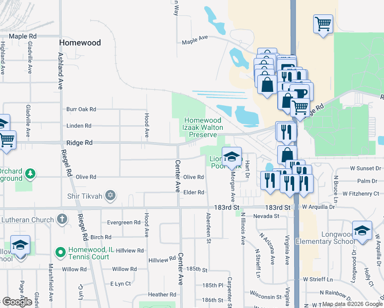 map of restaurants, bars, coffee shops, grocery stores, and more near 1132 Hickory Road in Homewood