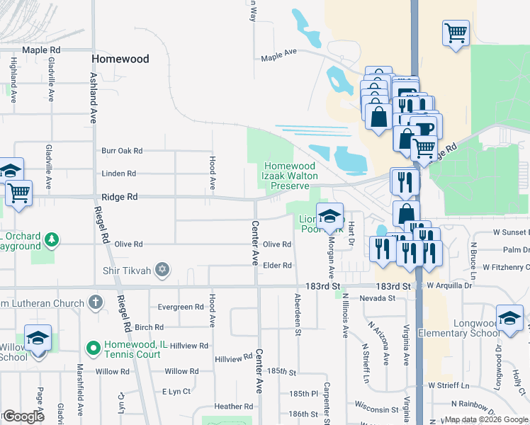 map of restaurants, bars, coffee shops, grocery stores, and more near 1132 Hickory Road in Homewood