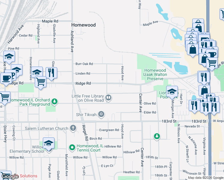 map of restaurants, bars, coffee shops, grocery stores, and more near 1328 Hickory Road in Homewood