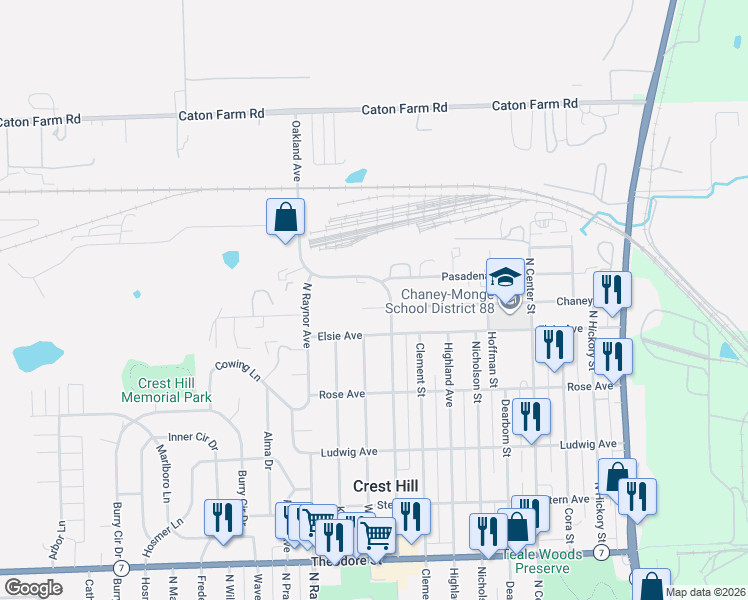 map of restaurants, bars, coffee shops, grocery stores, and more near 663 Chaney Court in Crest Hill