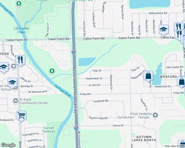 map of restaurants, bars, coffee shops, grocery stores, and more near 3117 September Drive in Joliet