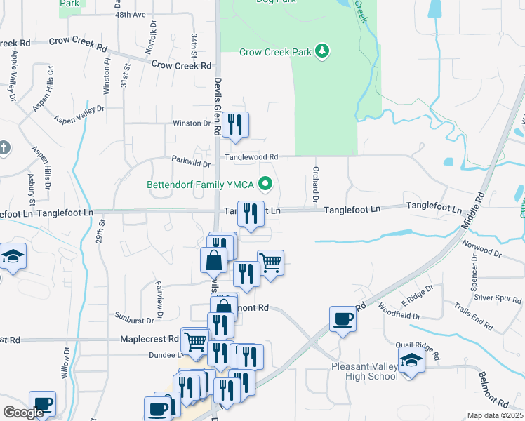 map of restaurants, bars, coffee shops, grocery stores, and more near 3800 Tanglefoot Lane in Bettendorf