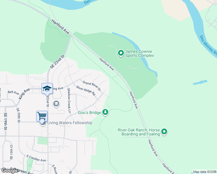 map of restaurants, bars, coffee shops, grocery stores, and more near 2537 Riverwoods Avenue in Des Moines