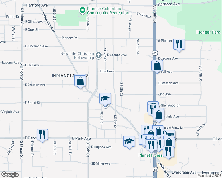map of restaurants, bars, coffee shops, grocery stores, and more near 2706 Southeast 8th Street in Des Moines