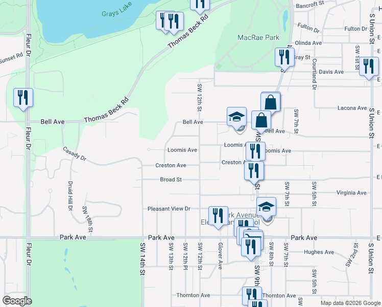 map of restaurants, bars, coffee shops, grocery stores, and more near 1216 Loomis Avenue in Des Moines