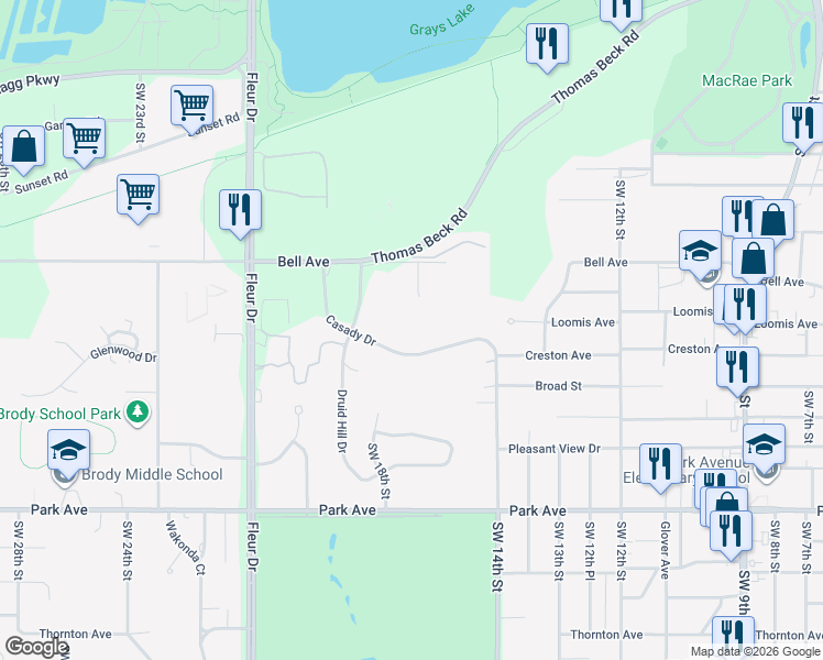 map of restaurants, bars, coffee shops, grocery stores, and more near 1701 Casady Drive in Des Moines