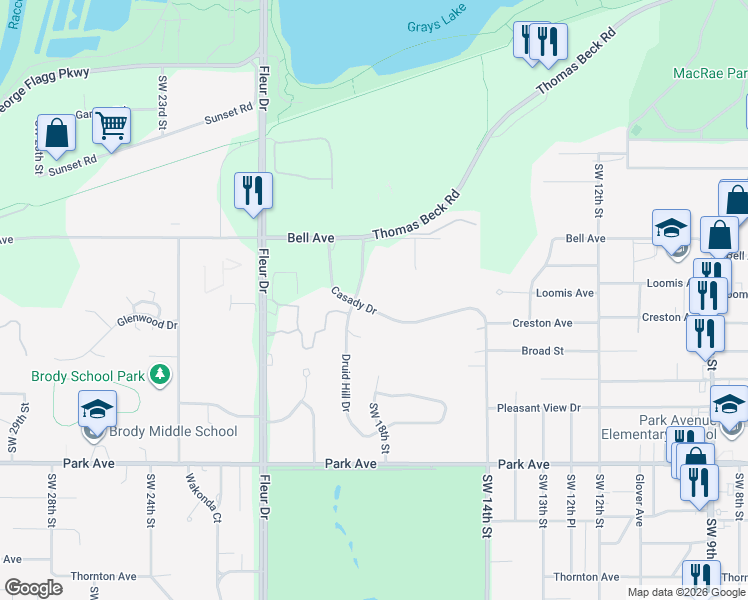 map of restaurants, bars, coffee shops, grocery stores, and more near 1735 Casady Drive in Des Moines