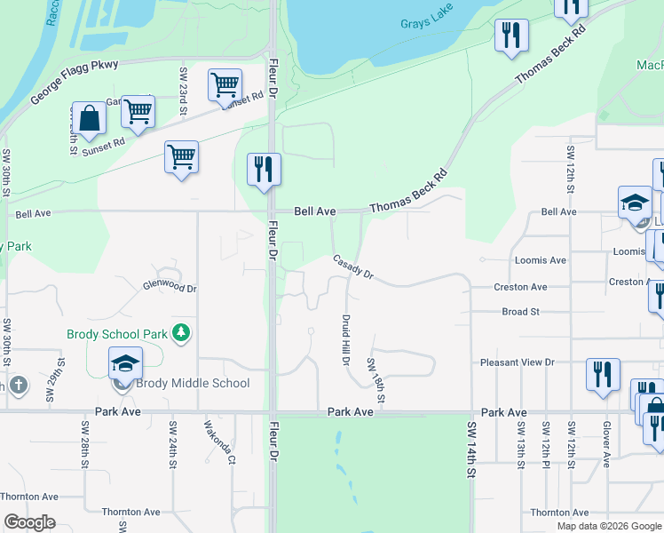 map of restaurants, bars, coffee shops, grocery stores, and more near 1910 Casady Drive in Des Moines