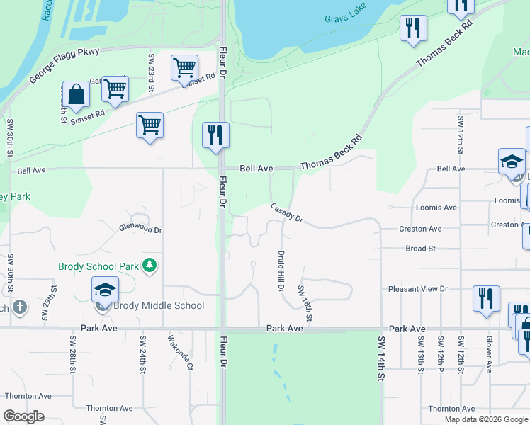 map of restaurants, bars, coffee shops, grocery stores, and more near 1910 Casady Drive in Des Moines
