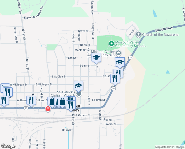 map of restaurants, bars, coffee shops, grocery stores, and more near 811 East Saint Clair Street in Missouri Valley