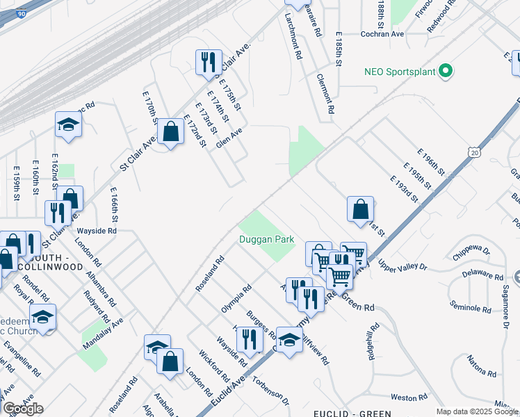 map of restaurants, bars, coffee shops, grocery stores, and more near 1614 Catalpa Road in Cleveland