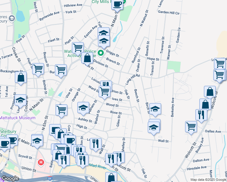 map of restaurants, bars, coffee shops, grocery stores, and more near 21 Irion Street in Waterbury