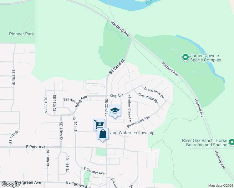 map of restaurants, bars, coffee shops, grocery stores, and more near 2630 River Meadows Drive in Des Moines