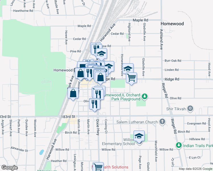 map of restaurants, bars, coffee shops, grocery stores, and more near 1935 Hickory Road in Homewood