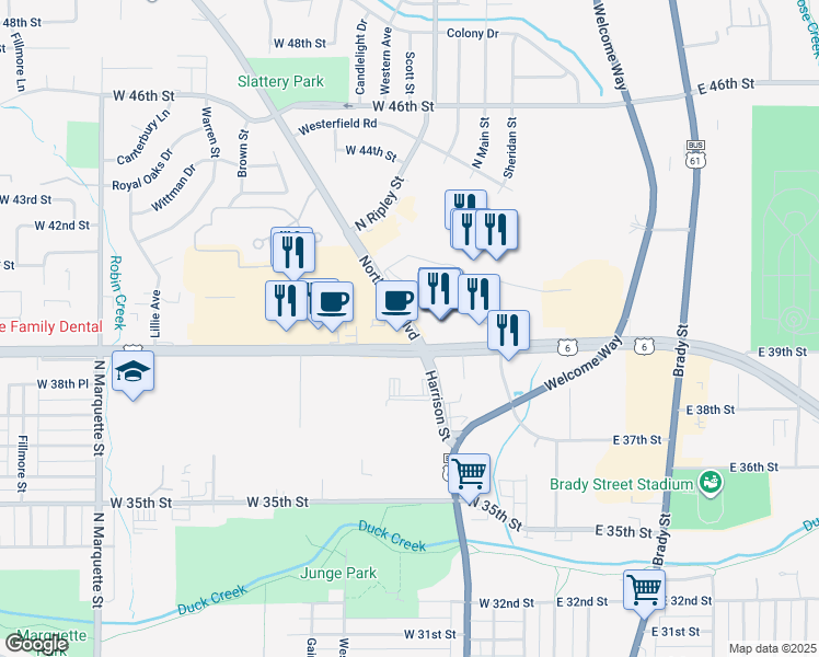 map of restaurants, bars, coffee shops, grocery stores, and more near 3648 Northwest Boulevard in Davenport