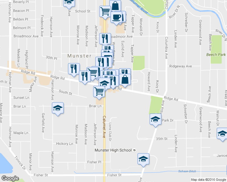 map of restaurants, bars, coffee shops, grocery stores, and more near 830 Ridge Road in Munster