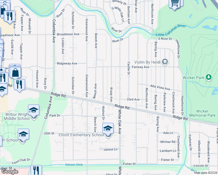 map of restaurants, bars, coffee shops, grocery stores, and more near 8416 Kraay Avenue in Munster