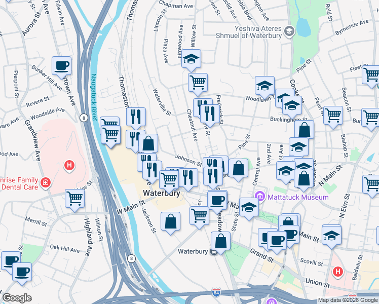 map of restaurants, bars, coffee shops, grocery stores, and more near 18 Waterville Street in Waterbury
