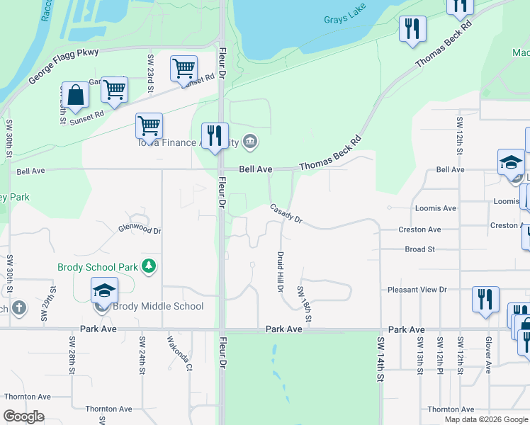 map of restaurants, bars, coffee shops, grocery stores, and more near 1910 Casady Drive in Des Moines