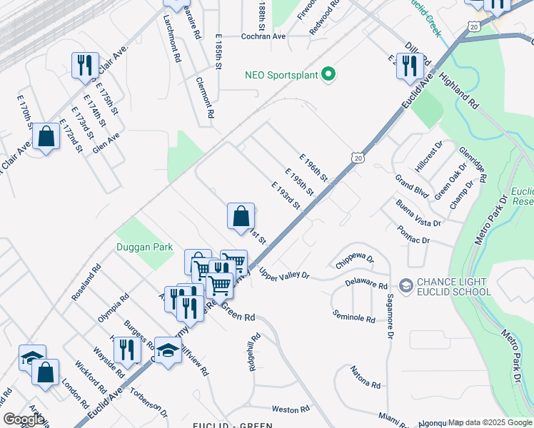 map of restaurants, bars, coffee shops, grocery stores, and more near 19201 Euclid Avenue in Euclid