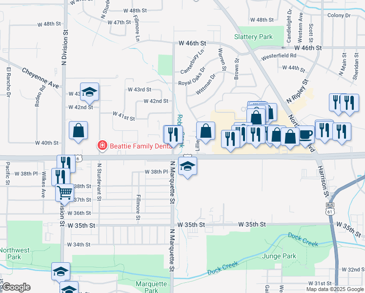 map of restaurants, bars, coffee shops, grocery stores, and more near 3915 North Marquette Street in Davenport