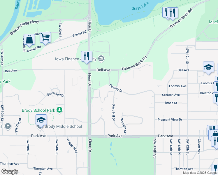 map of restaurants, bars, coffee shops, grocery stores, and more near 1912 Casady Drive in Des Moines