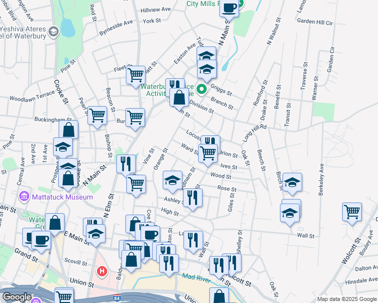 map of restaurants, bars, coffee shops, grocery stores, and more near 54 Ward Street in Waterbury