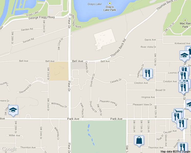 map of restaurants, bars, coffee shops, grocery stores, and more near 1735 Casady Dr in Des Moines