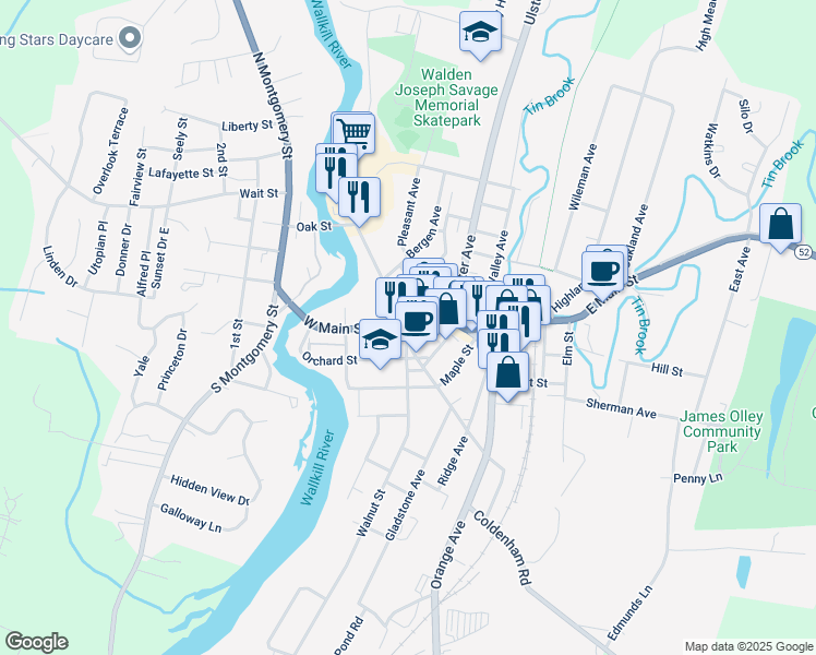 map of restaurants, bars, coffee shops, grocery stores, and more near 72 Main Street in Walden