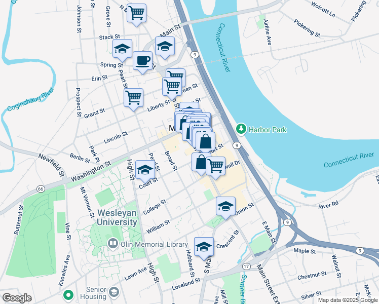 map of restaurants, bars, coffee shops, grocery stores, and more near 190 Court Street in Middletown