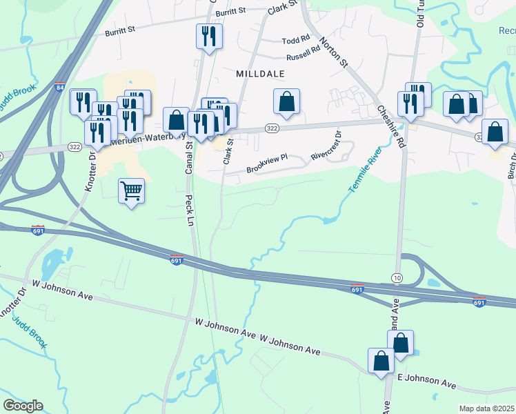 map of restaurants, bars, coffee shops, grocery stores, and more near 54 Brookview Place in Southington