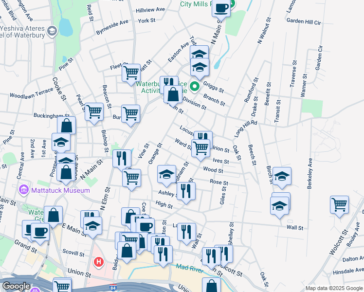 map of restaurants, bars, coffee shops, grocery stores, and more near 54 Ward Street in Waterbury