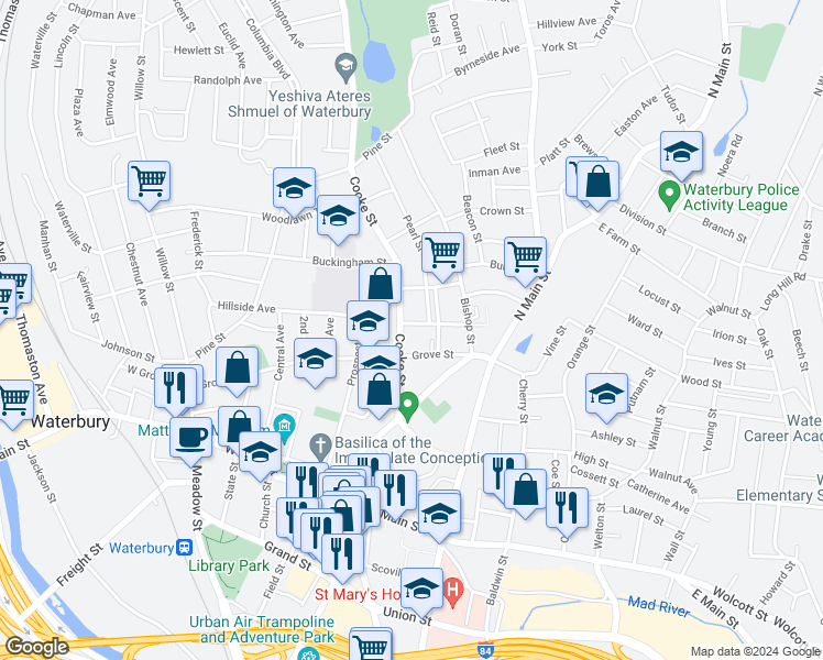map of restaurants, bars, coffee shops, grocery stores, and more near 88 Cooke Street in Waterbury