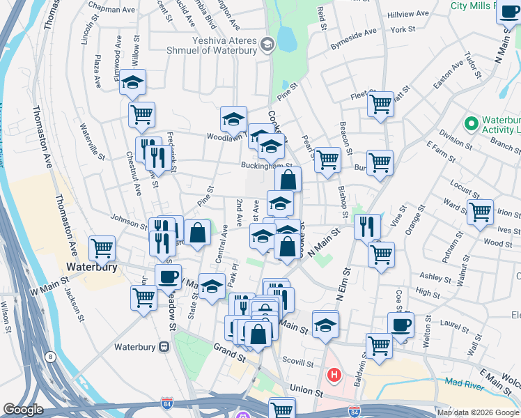 map of restaurants, bars, coffee shops, grocery stores, and more near 12 1st Avenue in Waterbury