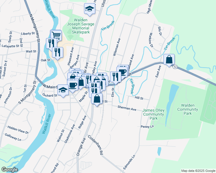 map of restaurants, bars, coffee shops, grocery stores, and more near 11 Railroad Avenue in Walden