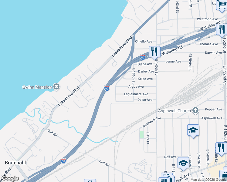 map of restaurants, bars, coffee shops, grocery stores, and more near 13300 Eaglesmere Avenue in Cleveland