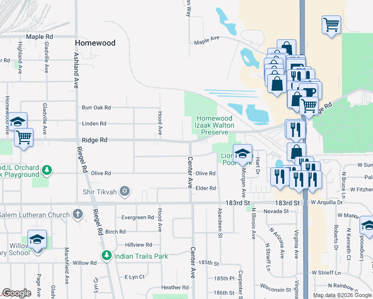 map of restaurants, bars, coffee shops, grocery stores, and more near 1220 Hickory Road in Homewood