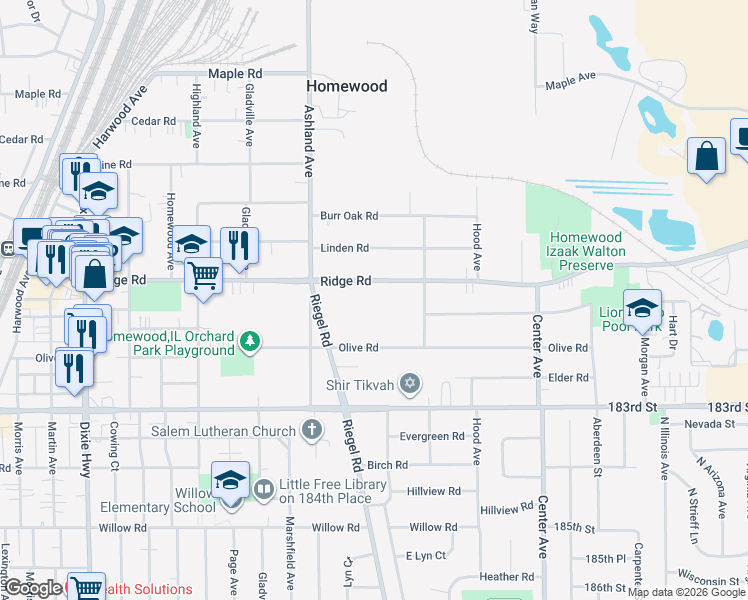 map of restaurants, bars, coffee shops, grocery stores, and more near 1463 Ridge Road in Homewood