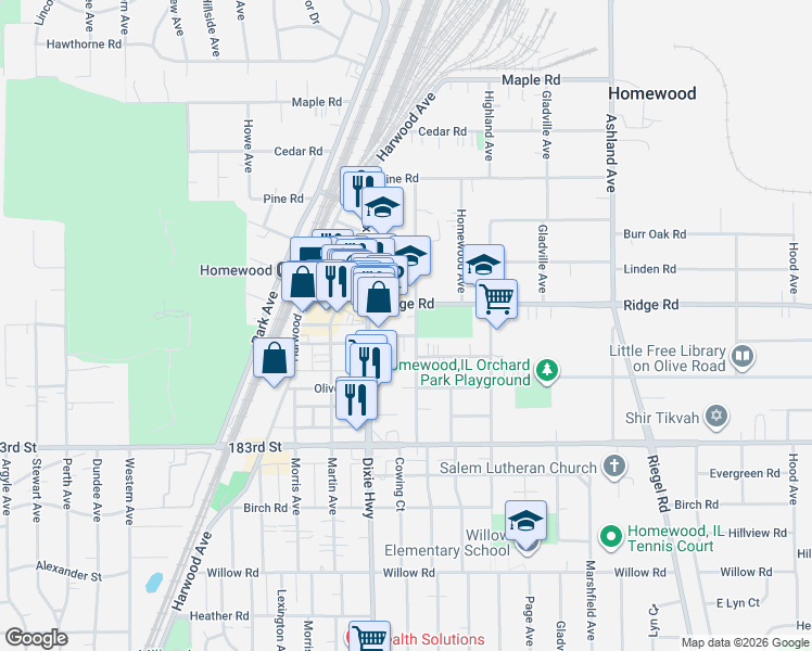 map of restaurants, bars, coffee shops, grocery stores, and more near 1935 Hickory Road in Homewood