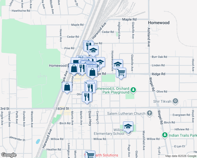 map of restaurants, bars, coffee shops, grocery stores, and more near 1935 Hickory Road in Homewood