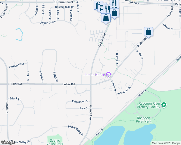 map of restaurants, bars, coffee shops, grocery stores, and more near 600 Grand Oaks Drive in West Des Moines