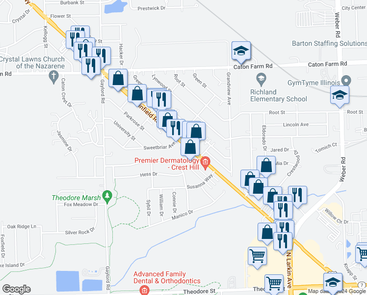 map of restaurants, bars, coffee shops, grocery stores, and more near 2115 Lincoln Highway in Crest Hill