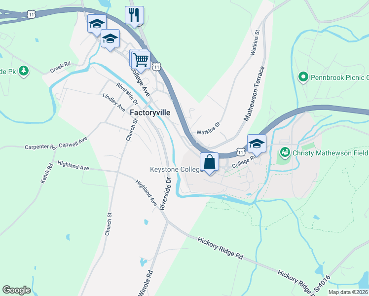 map of restaurants, bars, coffee shops, grocery stores, and more near 43 College Avenue in Factoryville