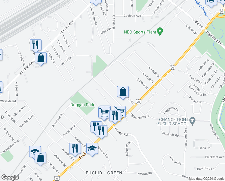 map of restaurants, bars, coffee shops, grocery stores, and more near 1500 East 191st Street in Euclid