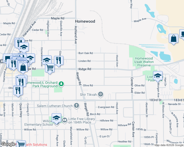 map of restaurants, bars, coffee shops, grocery stores, and more near 1463 Ridge Road in Homewood