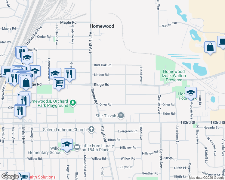 map of restaurants, bars, coffee shops, grocery stores, and more near 1463 Ridge Road in Homewood