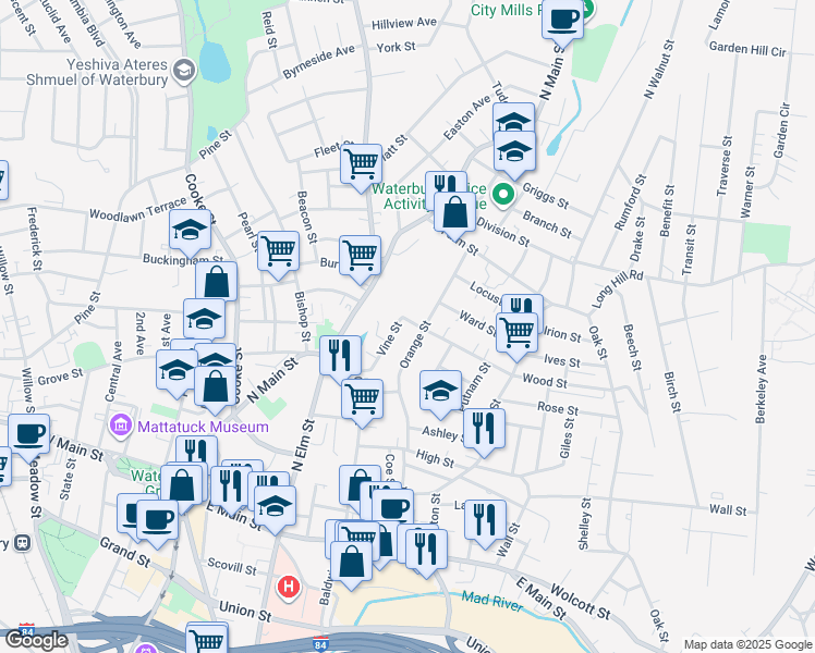 map of restaurants, bars, coffee shops, grocery stores, and more near 60 Vine Street in Waterbury
