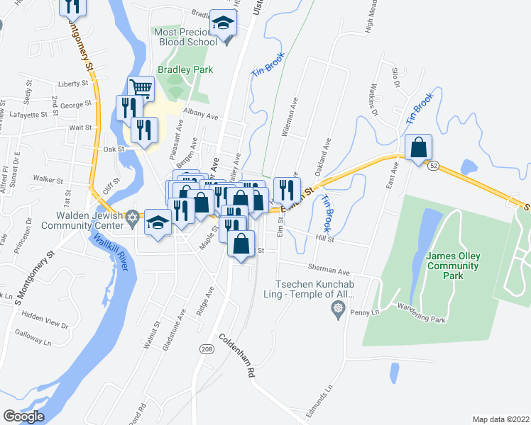 map of restaurants, bars, coffee shops, grocery stores, and more near 11 Railroad Avenue in Walden